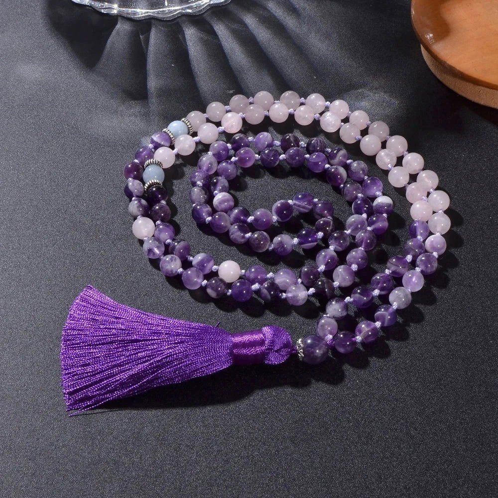 Amethyst and Rose Quartz Mala - 108 Knotted beads with purple tassel