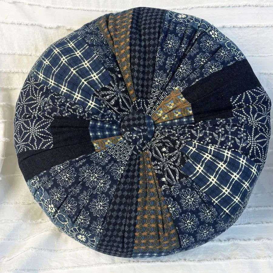 Handmade Boho Round Thick Floor Cushion with center button, dark patterned design.