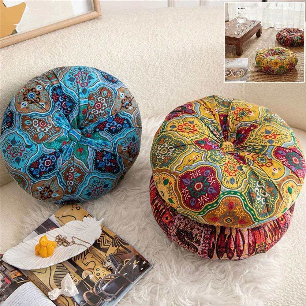 Handmade Boho Round Thick Floor Cushion in vibrant colors with center button design, perfect for cozy seating.