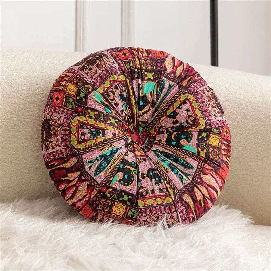 Handmade Boho Round Thick Floor Cushion with vibrant colors and central button design.