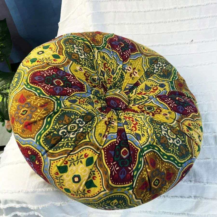 Handmade Boho Round Thick Floor Cushion with colorful design and central button.