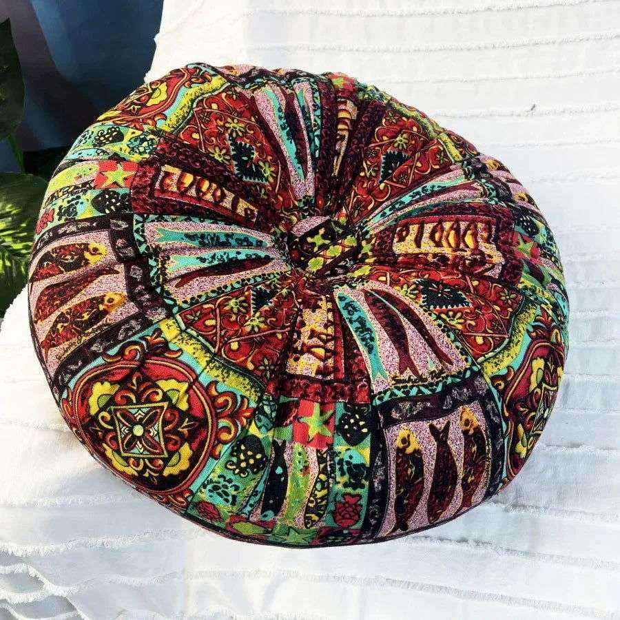 Handmade Boho Round Thick Floor Cushion with colorful pattern and central button design.