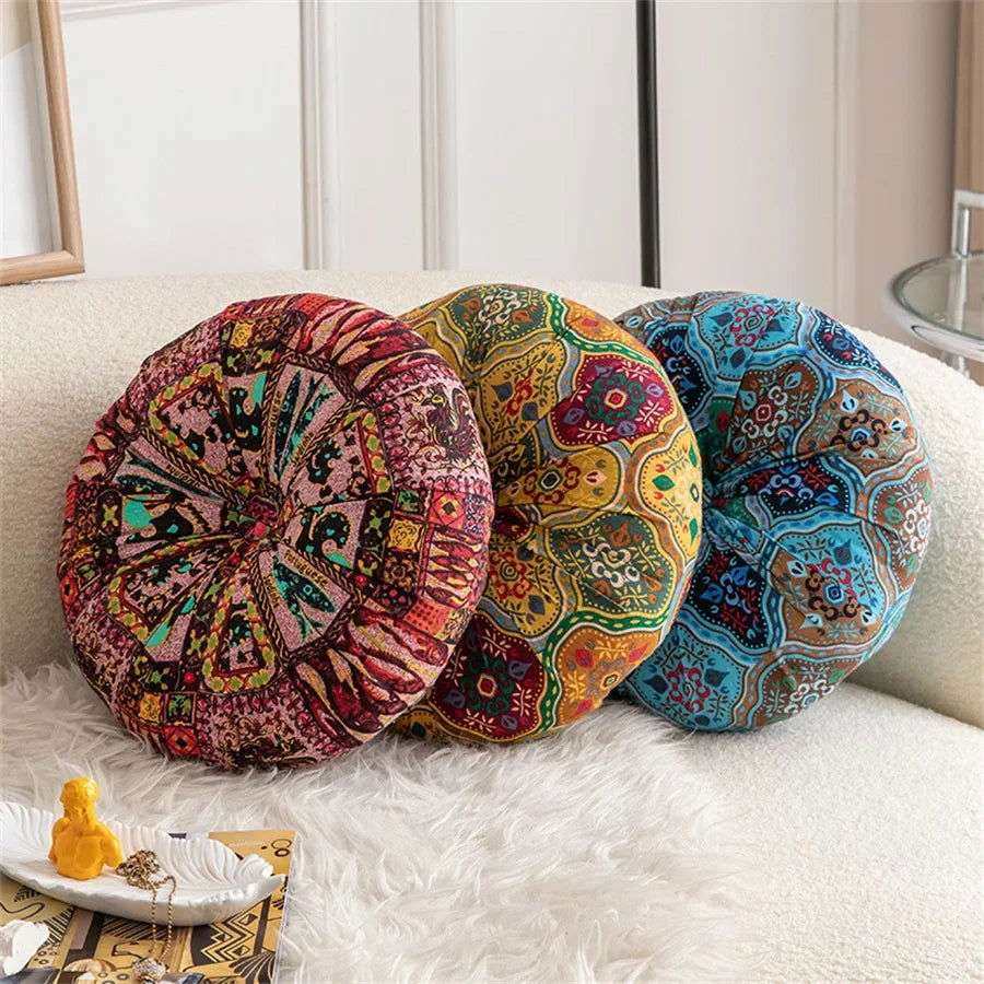 Handmade Boho Round Thick Floor Cushion in vibrant colors, featuring a cozy design with PP cotton filling and central button detail.