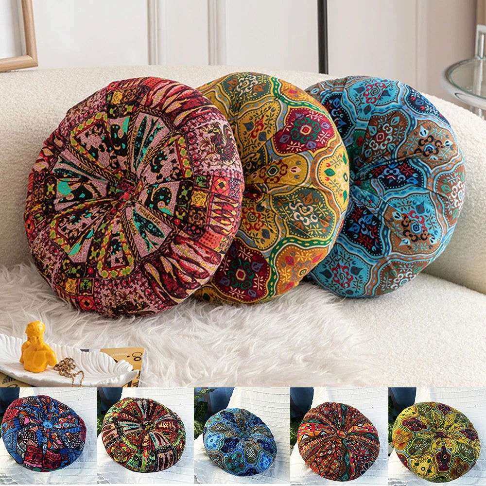 Handmade Boho Round Thick Floor Cushion in vibrant colors and elegant design on a cozy setting.