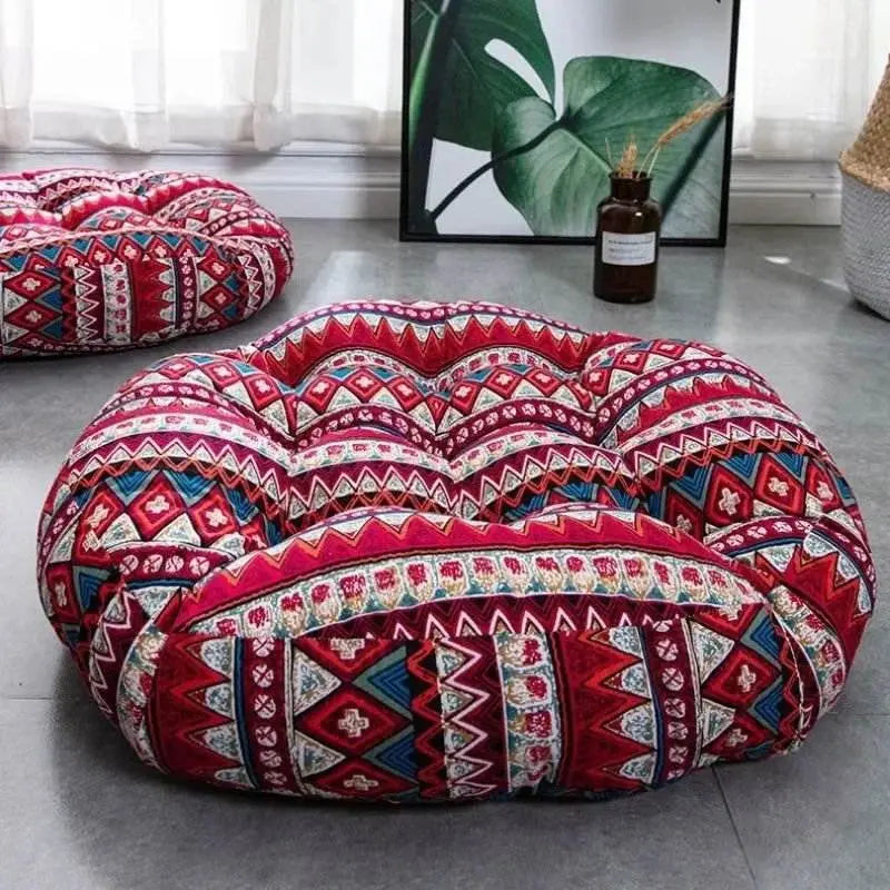 Thick round meditation cushion with geometric pattern, polyester and cotton blend, non-slip design.