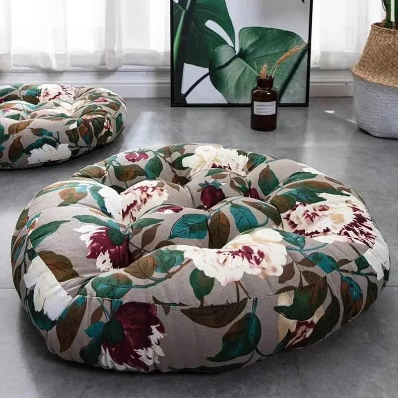 Thick Round meditation cushion - Cotton/Linen Floor Cushion - Serenity Factory