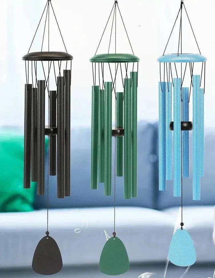 Serenity Wind Chimes in matte black, green, and blue; crafted from rust-proof aluminum alloy; 26-inch length for outdoor use.