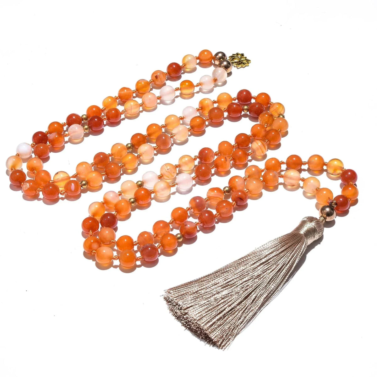 Carnelian Mala with Golden Lotus – 108 Knotted Beads for Strength & Vitality - Serenevi