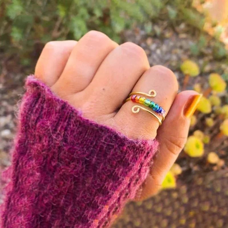 Fidget Ring - Sterling Silver 7 Chakra beads. Adjustable - Serenevi