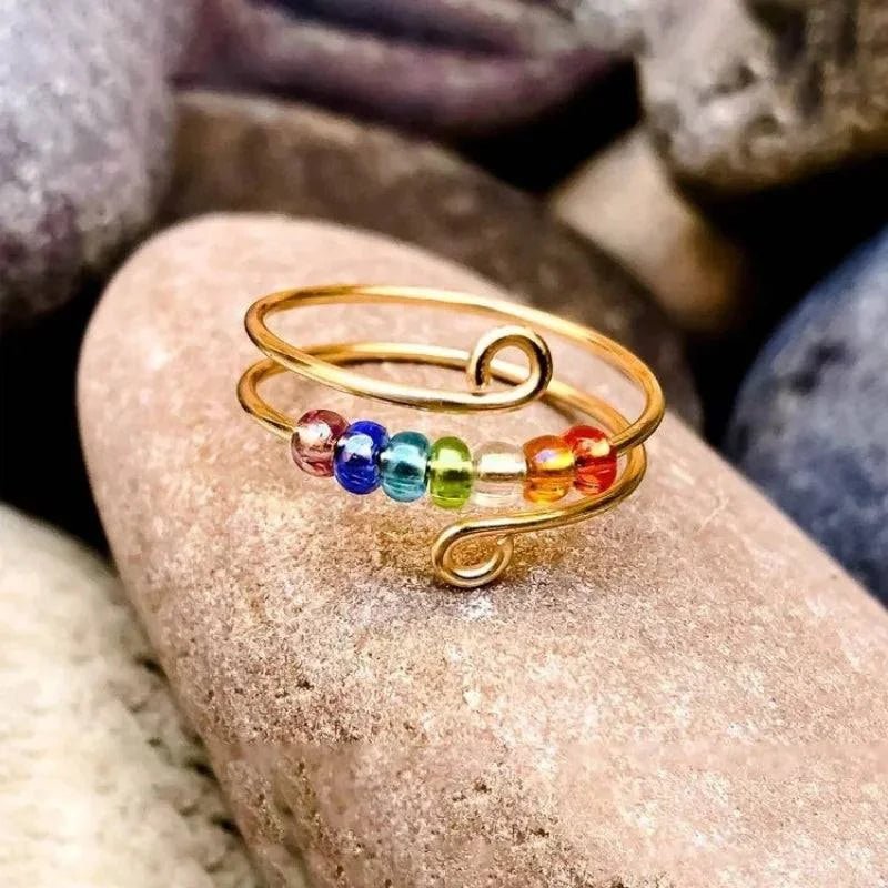 Fidget Ring - Sterling Silver 7 Chakra beads. Adjustable - Serenevi
