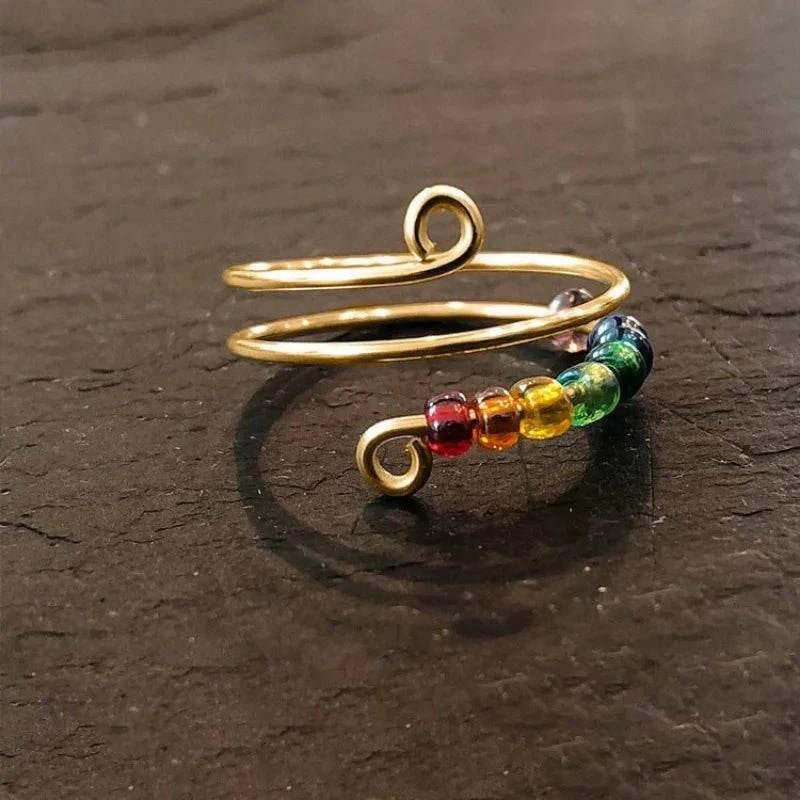 Fidget Ring - Sterling Silver 7 Chakra beads. Adjustable - Serenevi