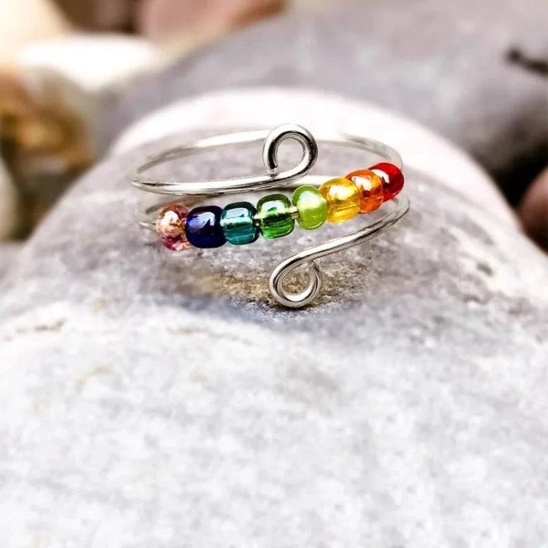 Fidget Ring - Sterling Silver 7 Chakra beads. Adjustable - Serenevi