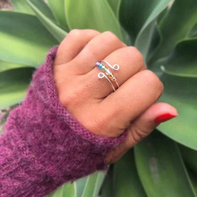 Fidget Ring - Sterling Silver 7 Chakra beads. Adjustable - Serenevi