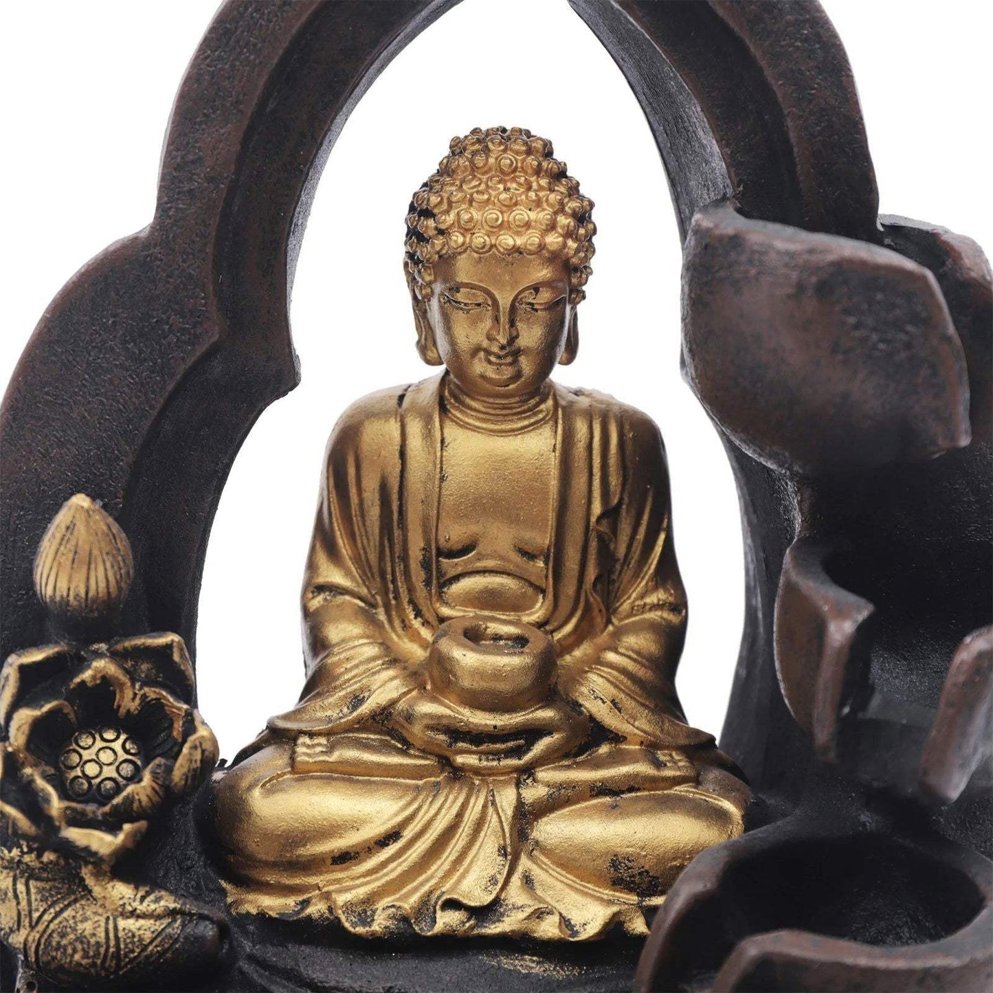 Gold and Black Buddha fountain with LED light, featuring a serene golden Buddha with flowing water for a tranquil ambiance.