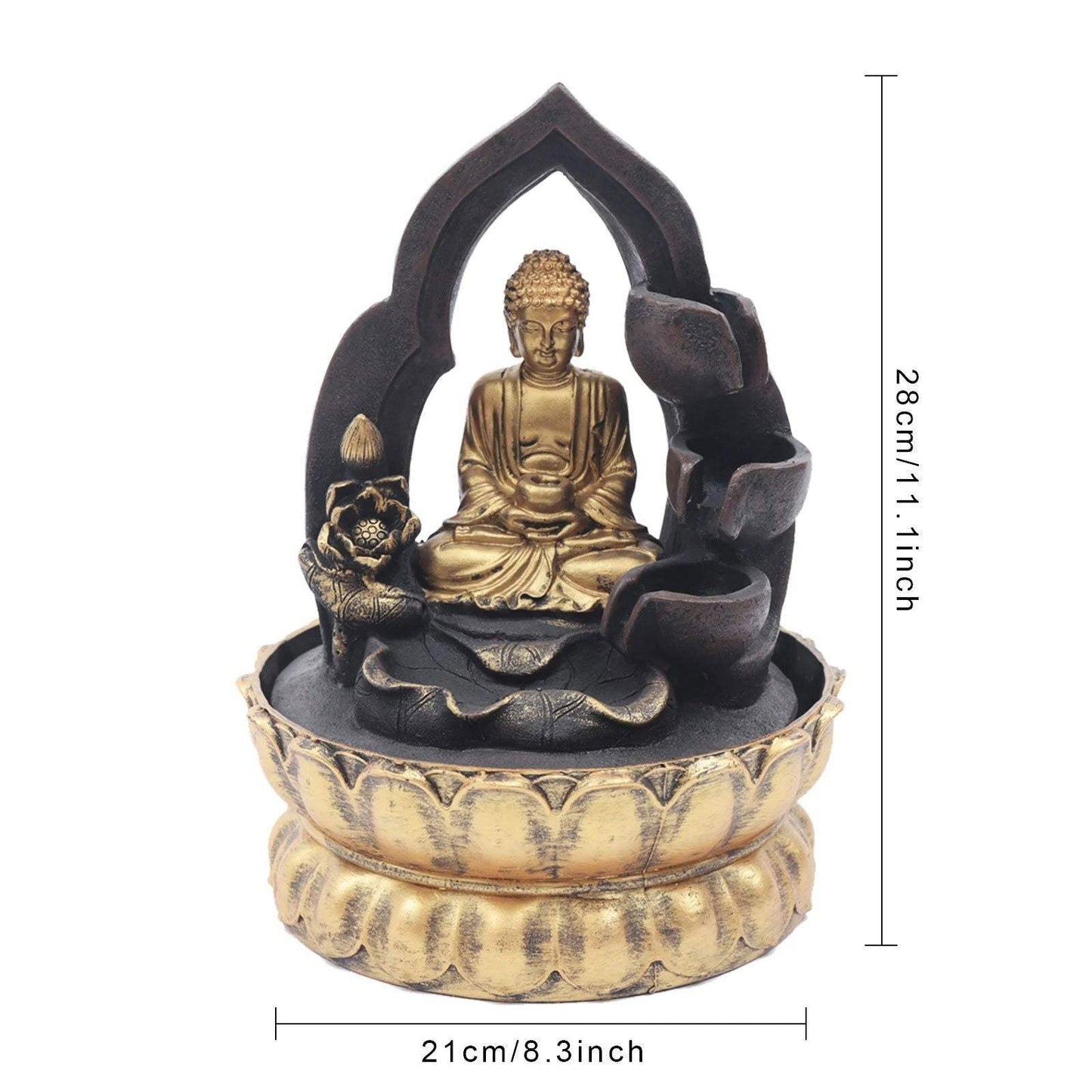 Gold and black Buddha fountain with LED light, 11-inch height, enhances tranquility and peace.