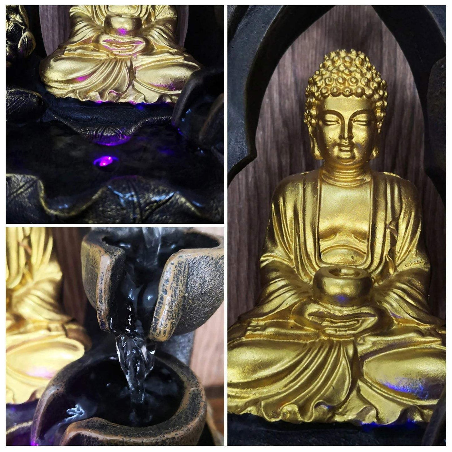 Gold and black Buddha fountain with LED light, featuring flowing water and serene design.