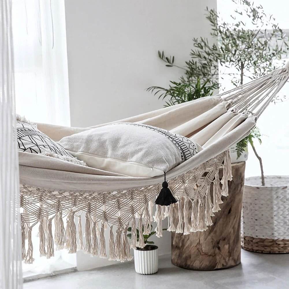 Large Hammock Boho 2 Persons Macrame Fringe 550 lbs - Serenity Factory