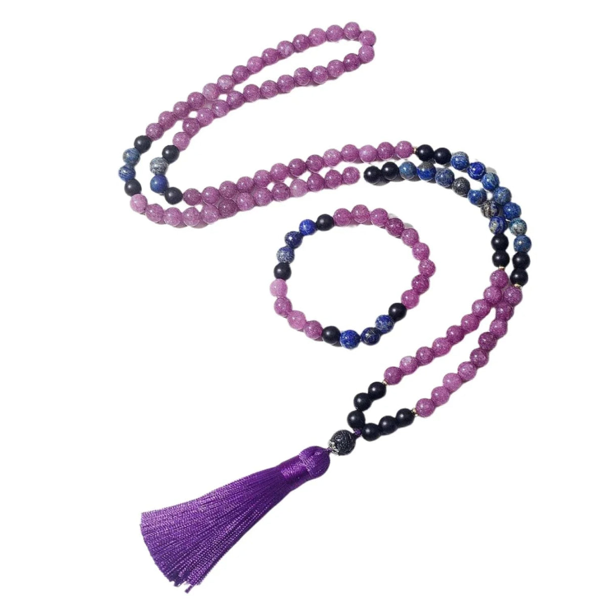 Mala Lepidolite & Lapis Lazuli 108 knotted Beads. Mala or Set with Bracelet. - Serenevi