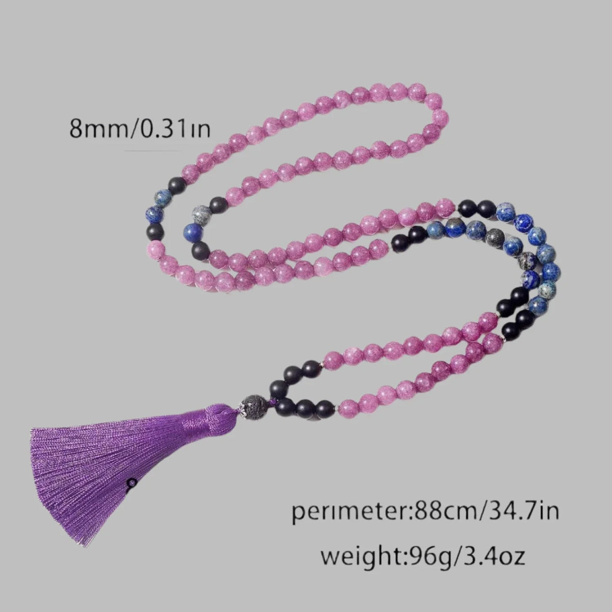 Mala Lepidolite & Lapis Lazuli 108 knotted Beads. Mala or Set with Bracelet. - Serenevi