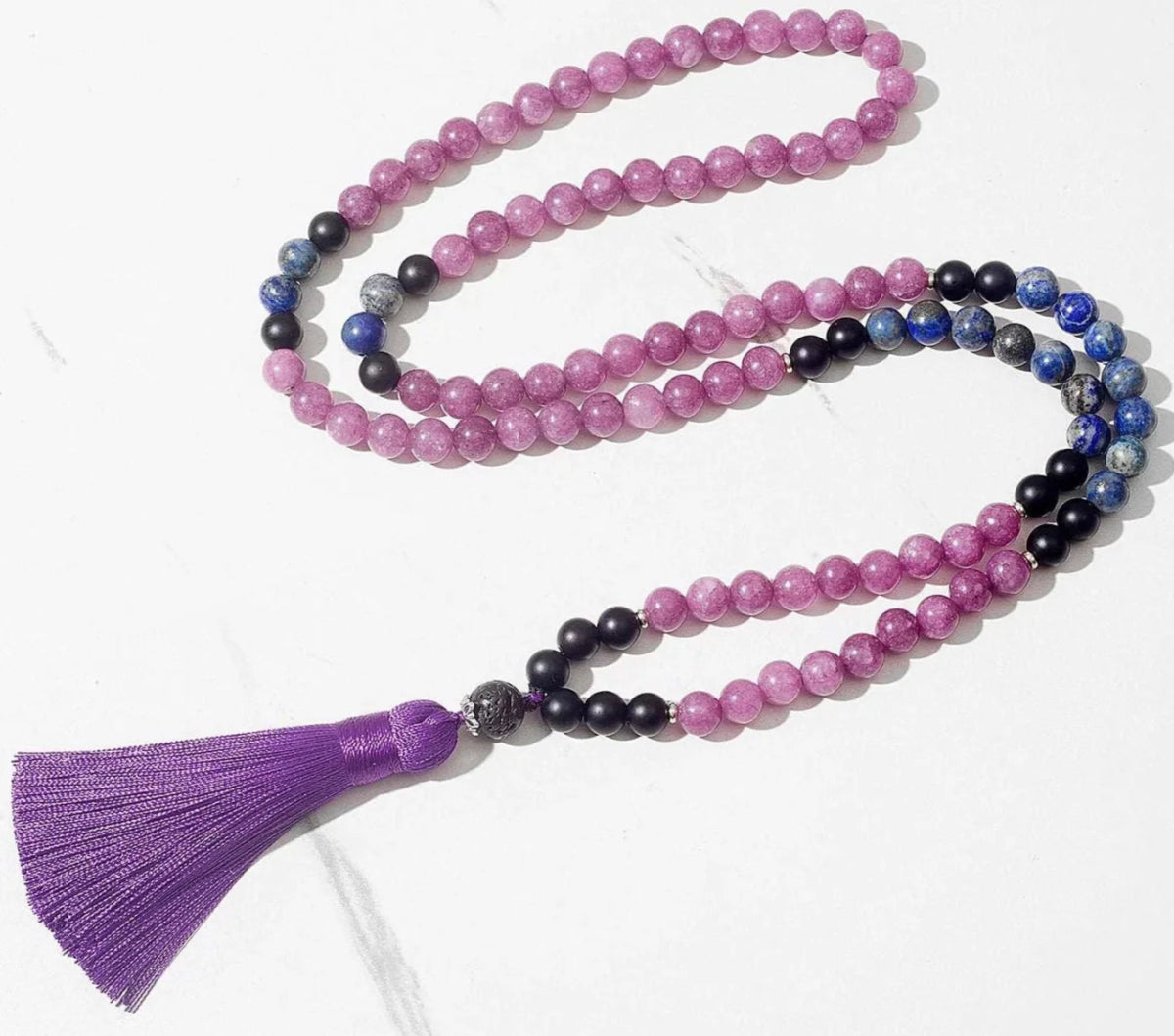 Mala Lepidolite & Lapis Lazuli 108 knotted Beads. Mala or Set with Bracelet. - Serenevi