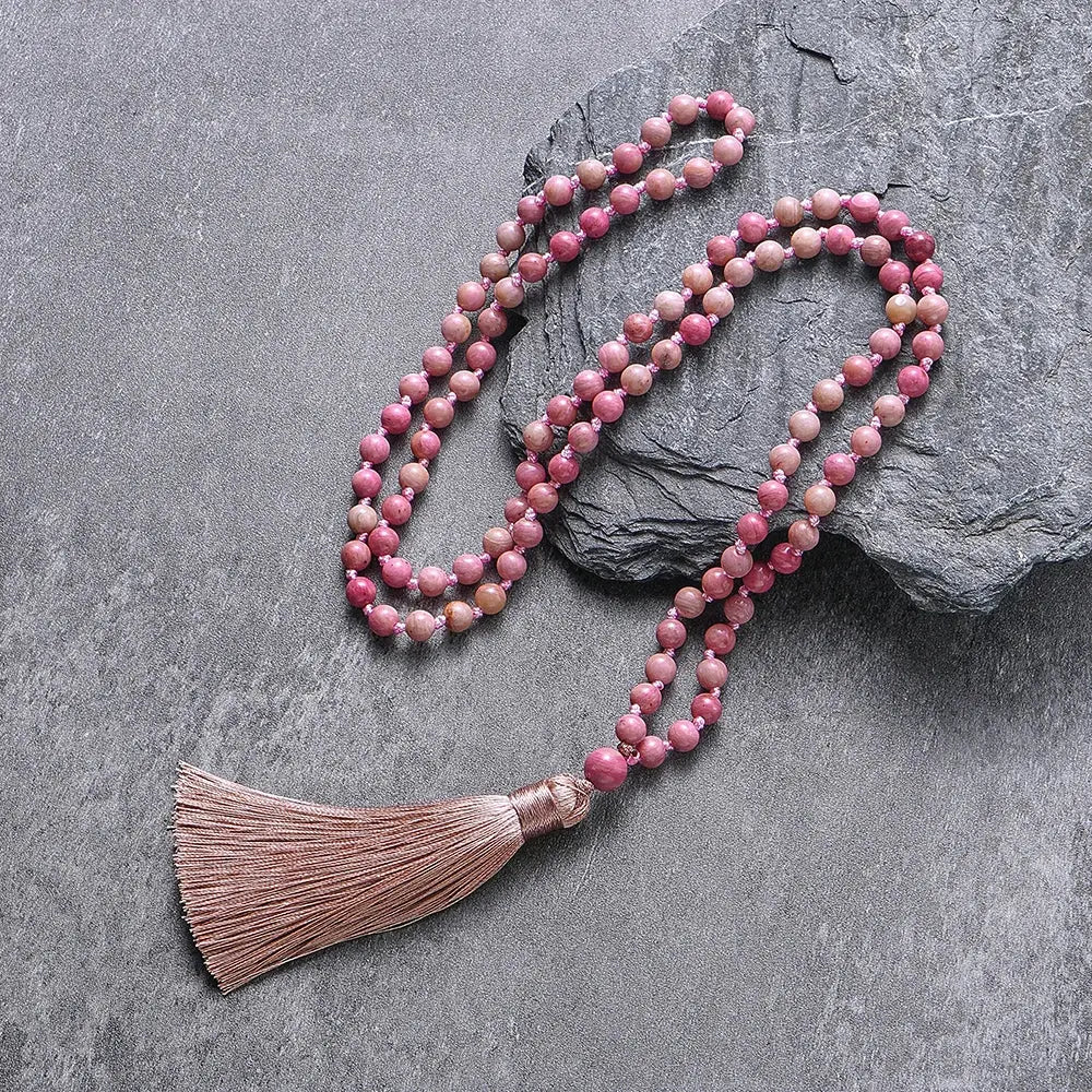 Mala Rhodochrosite 108 - Knotted Heart - Opening Crystal Beads - Serenity Factory