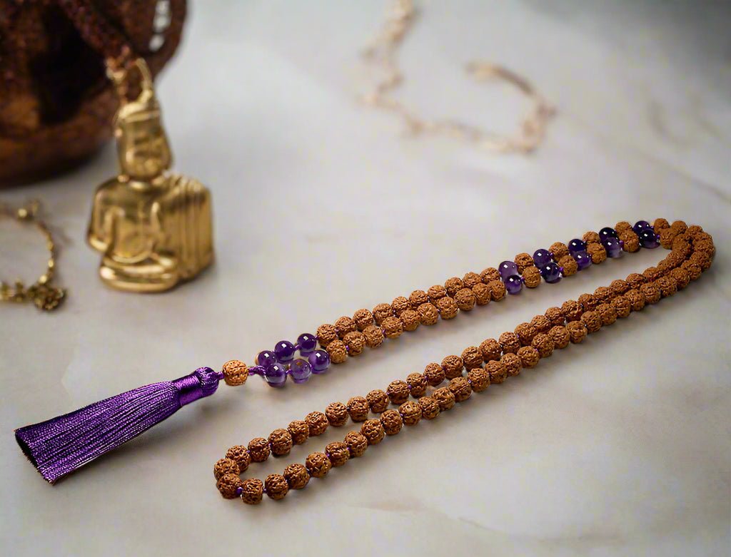 Natural Rudraksha 108 mala Knotted Amethyst - Mala, Bracelet or Set - Serenity Factory US