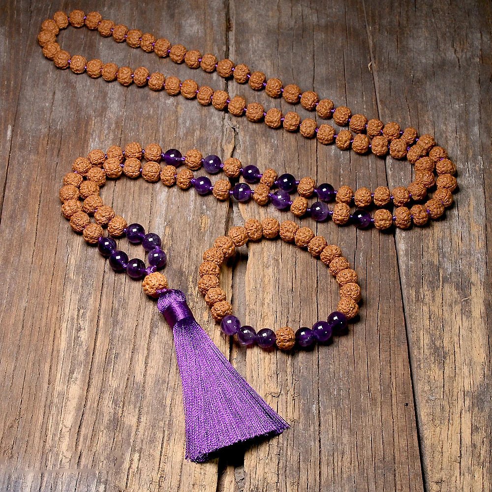Natural Rudraksha 108 mala Knotted Amethyst - Mala, Bracelet or Set - Serenity Factory US