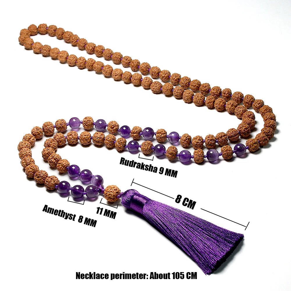 Natural Rudraksha 108 mala Knotted Amethyst - Mala, Bracelet or Set - Serenity Factory US