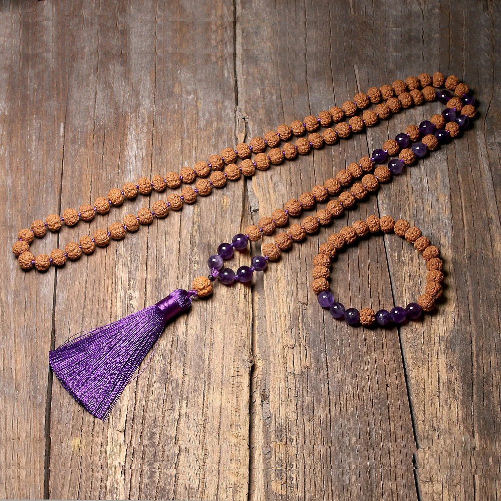 Natural Rudraksha 108 mala Knotted Amethyst - Mala, Bracelet or Set - Serenity Factory US