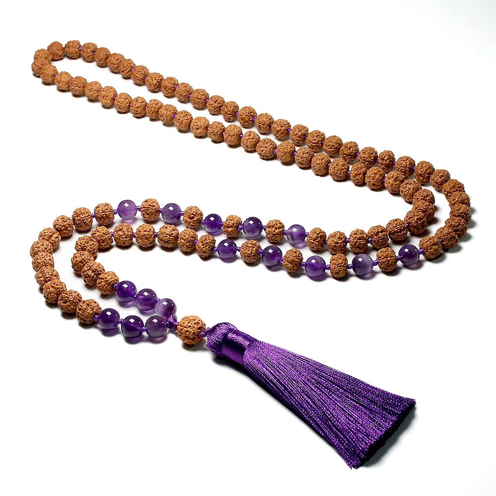 Natural Rudraksha 108 mala Knotted Amethyst - Mala, Bracelet or Set - Serenity Factory US