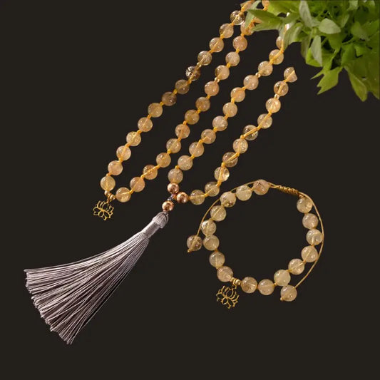 Citrine Mala & Bracelet Set – Hand - Knotted with Lotus Charm for Abundance - Serenity Factory