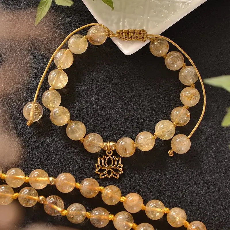 Citrine Mala & Bracelet Set – Hand - Knotted with Lotus Charm for Abundance - Serenity Factory