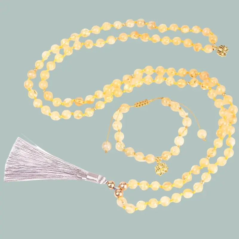Citrine Mala & Bracelet Set – Hand - Knotted with Lotus Charm for Abundance - Serenity Factory