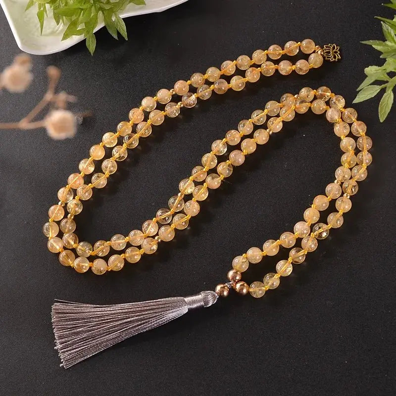 Citrine Mala & Bracelet Set – Hand - Knotted with Lotus Charm for Abundance - Serenity Factory