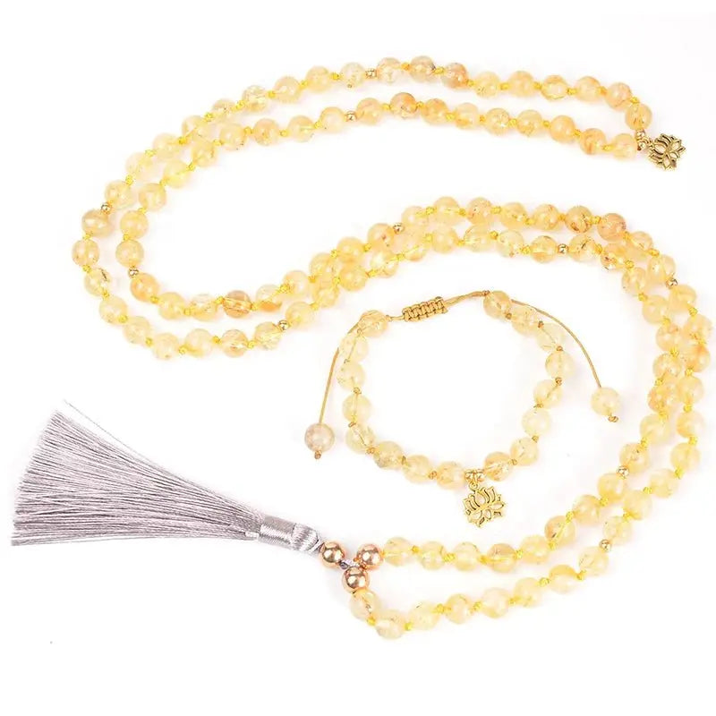 Citrine Mala & Bracelet Set – Hand - Knotted with Lotus Charm for Abundance - Serenity Factory