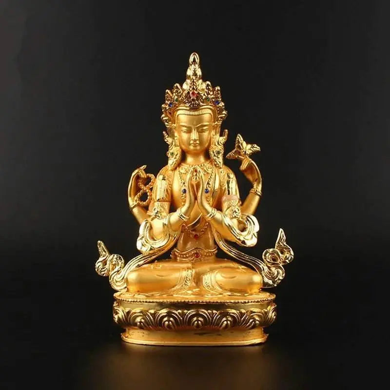 4-arms Kwan Yin gold statue with intricate detailing, colorful painted gems, and a luxurious finish, representing compassion and mercy.