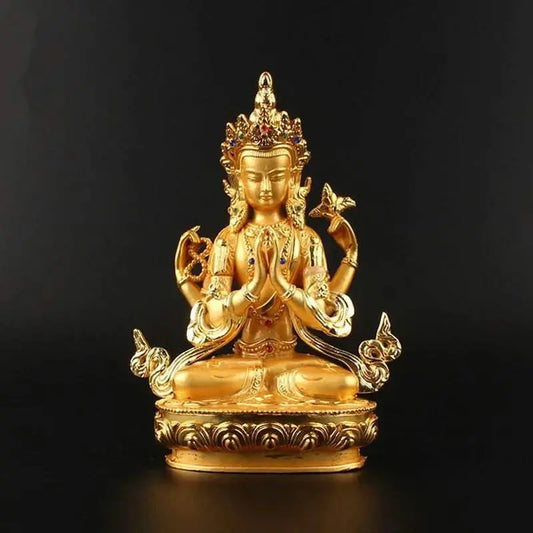 4-arms Kwan Yin gold statue with intricate detailing, colorful painted gems, and a luxurious finish, representing compassion and mercy.