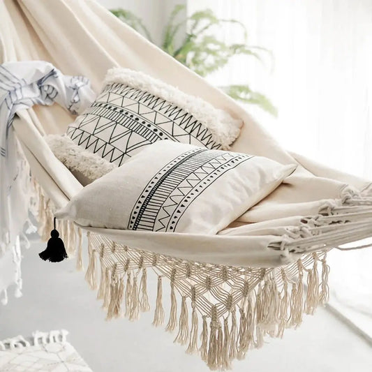 Large boho 2 person hammock with macrame fringe, cozy and durable for couples, supports up to 550 lbs.