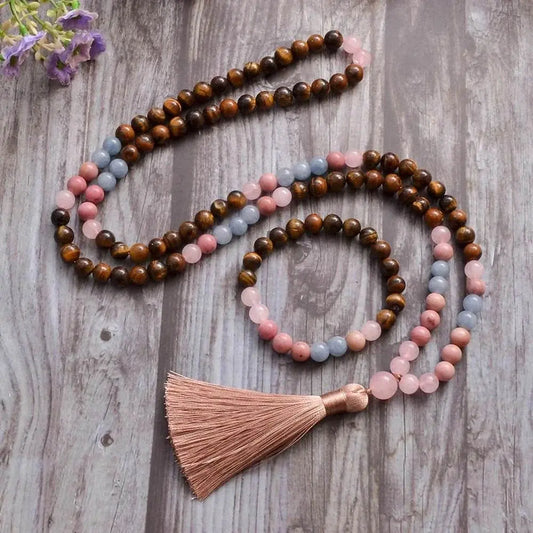 108-Bead Tiger Eye, Rose Quartz & Aquamarine Mala Necklace and Bracelet Set with Tassel.