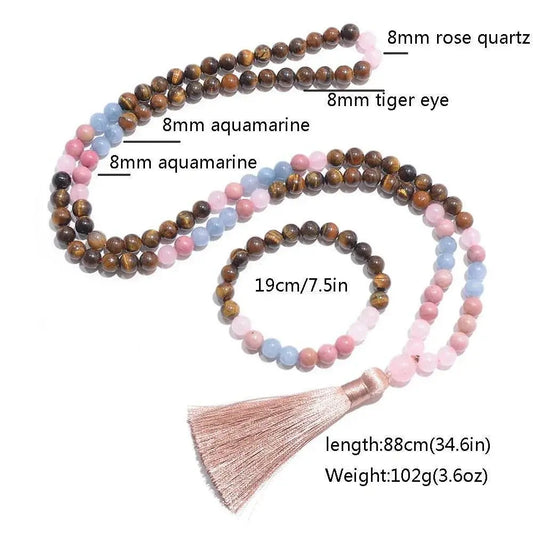 Mala 108 - Bead Tiger Eye, Rose Quartz & Aquamarine Mala Necklace or Mala & Bracelet Set - Serenity Factory