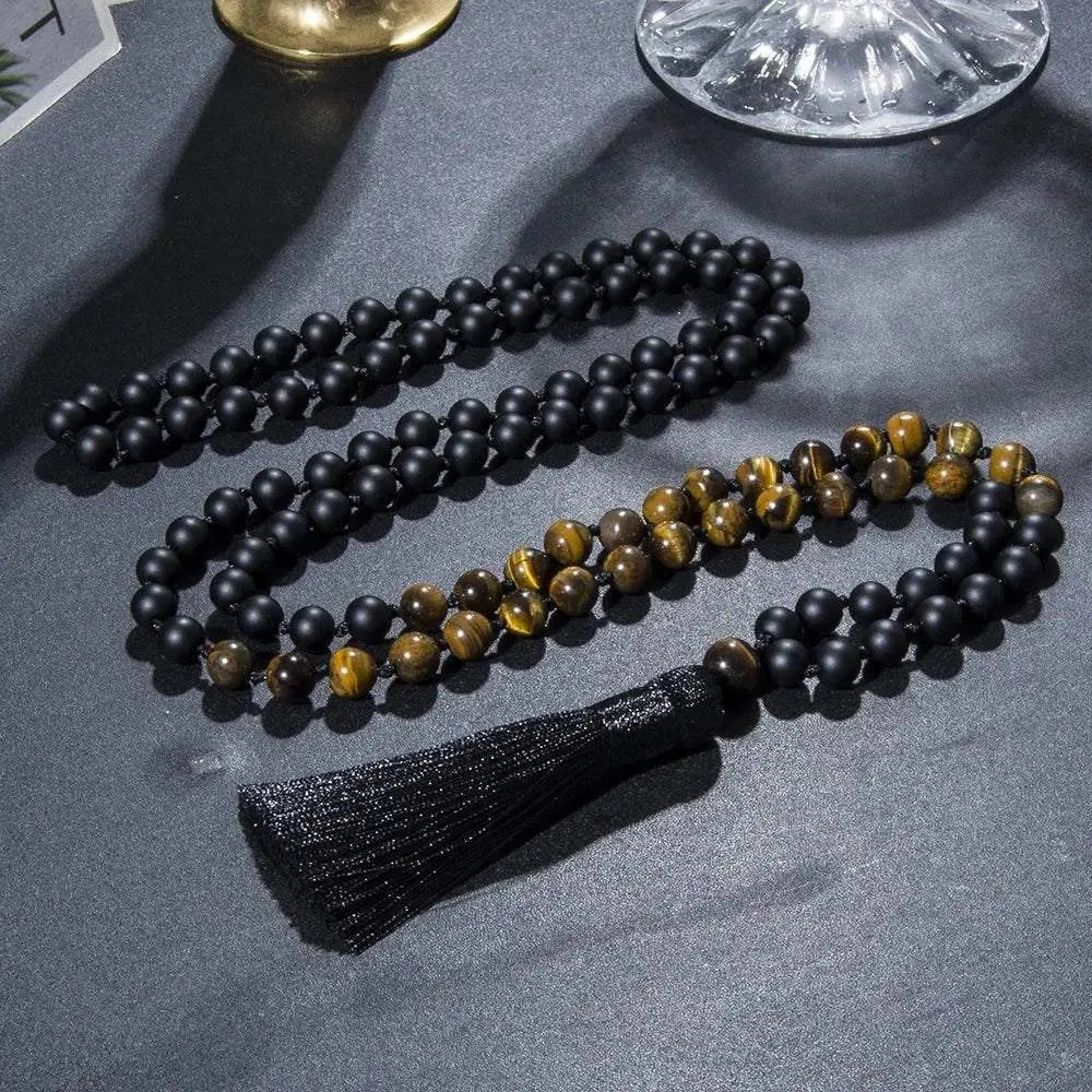 Knotted Mala Tiger Eye & Matte Black Onyx 108 Beads - Serenity Factory