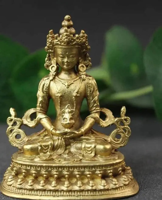 Small antique copper Amitayus Buddha statue with a vintage brass finish, symbolizing infinite life and wisdom, ideal for home decor and spiritual practice.