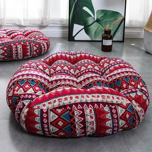 Thick round meditation cushion with geometric pattern, polyester and cotton blend, non-slip design.