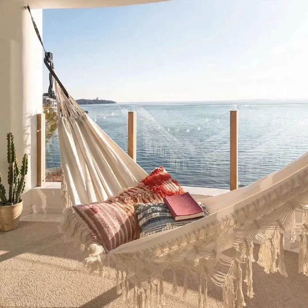 Double Boho Hammock - Large Brazilian Macrame Fringe - 286x140cm - Serenity Factory