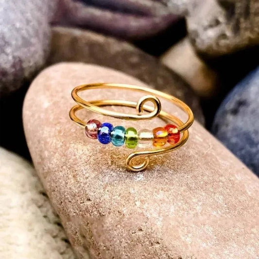 Fidget Ring - Sterling Silver 7 Chakra beads. Adjustable - Serenevi