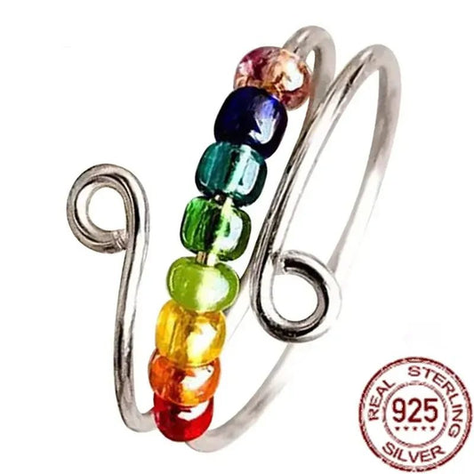 Fidget Ring - Sterling Silver 7 Chakra beads. Adjustable - Serenevi
