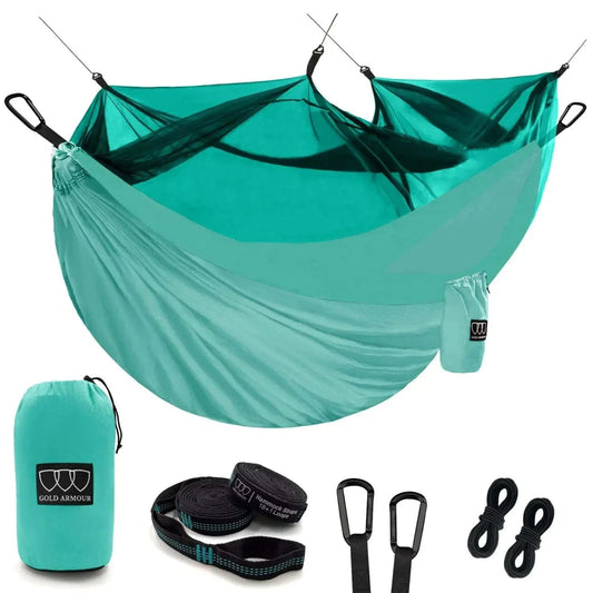 Gold Armour Camping Hammock - Camping Essentials Double Hammock with Bug Net Camping Gear Hammock for Outside Hiking and Travel (Seafoam) - Serenevi