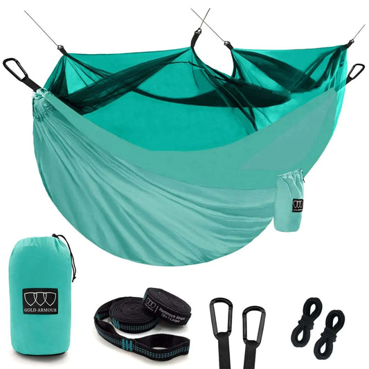 Gold Armour Camping Hammock - Camping Essentials Double Hammock with Bug Net Camping Gear Hammock for Outside Hiking and Travel (Seafoam) - Serenevi