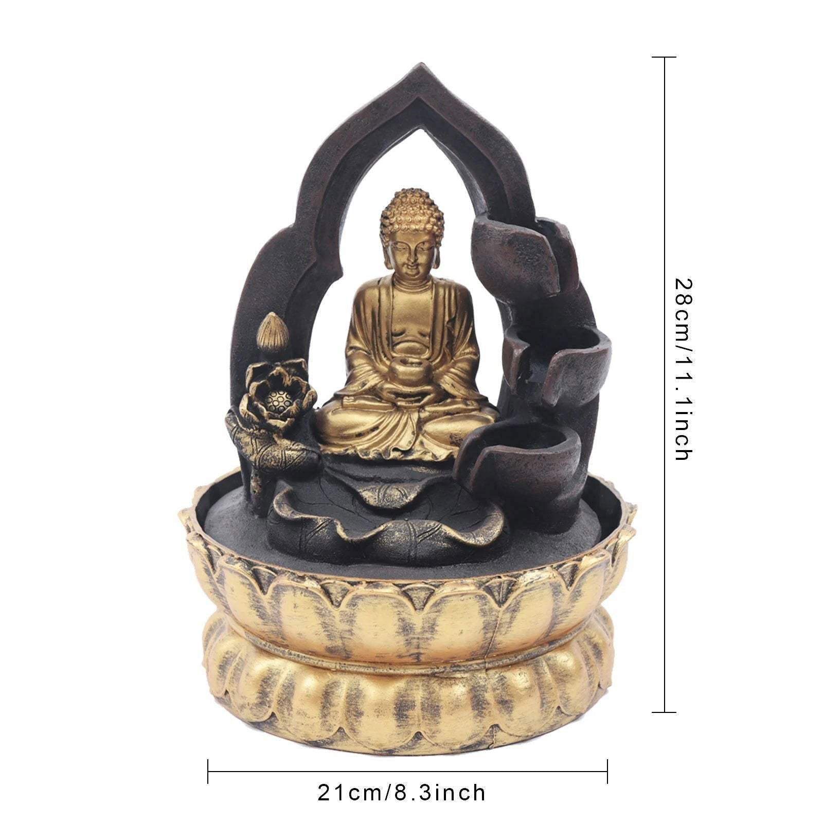 Gold and black Buddha fountain with LED light, 11-inch height, enhances tranquility and peace.