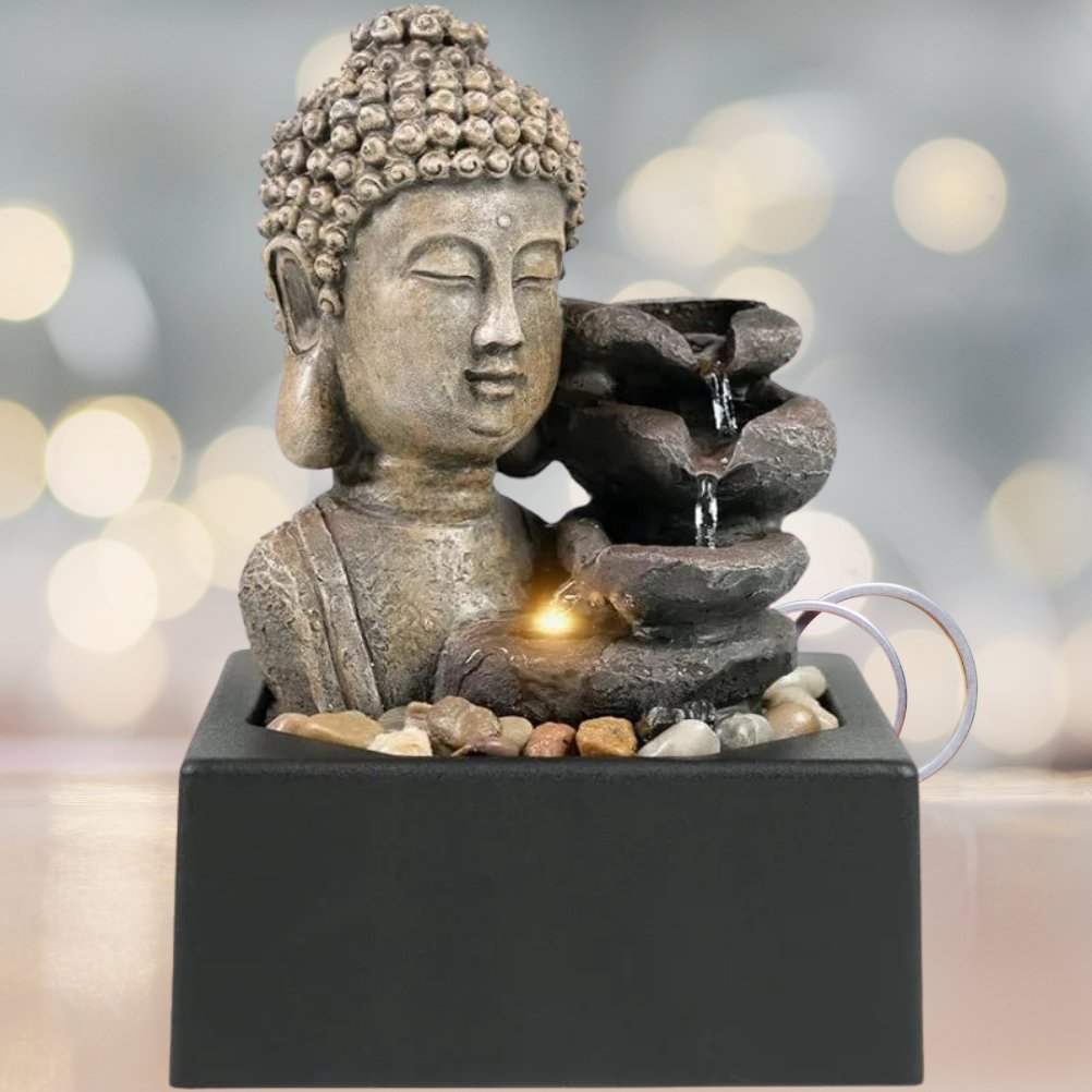 Buddha Head Fountain with 4-tier waterfall, soothing LED light, tabletop decor.